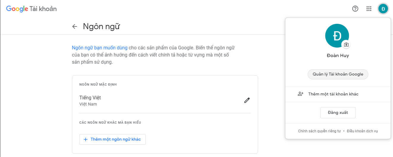 Chọn quản lý tài khoản google để bắt đầu thiết lập