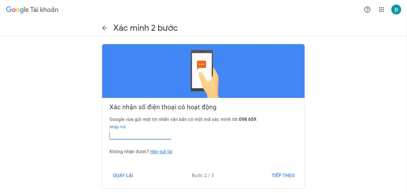 Nhập mã xác minh google gửi tới điện thoại