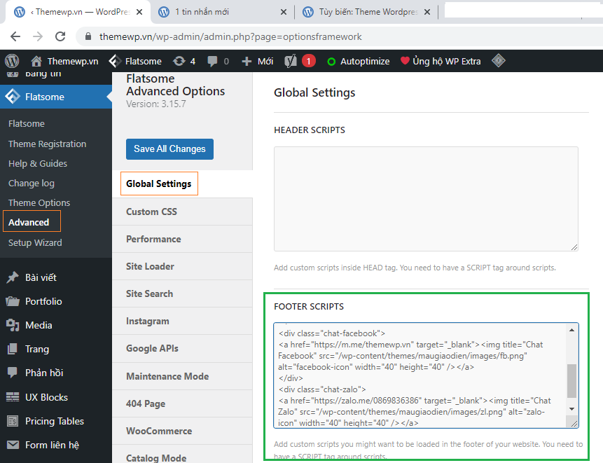 chèn code vào footer theme flatsome