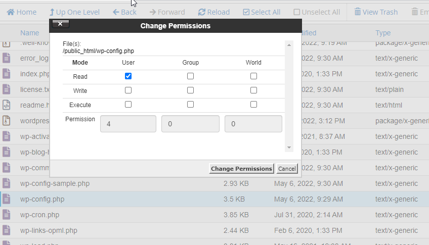 CHMOD file wp-config.php