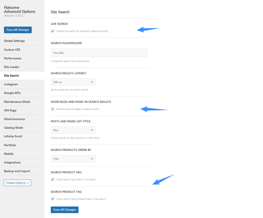 tùy chọn site search trên flatsome theme